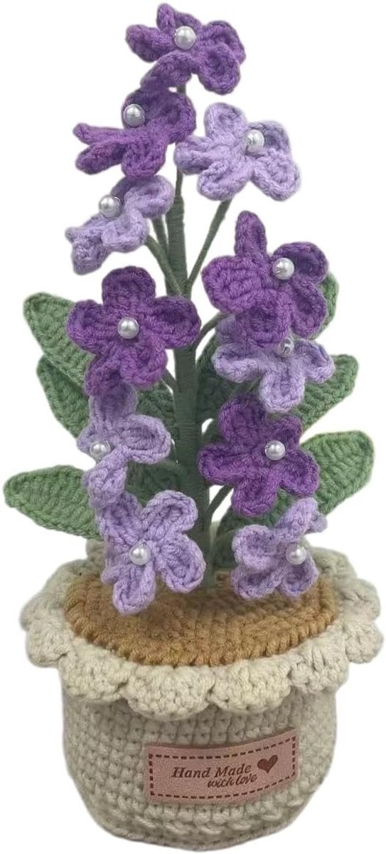 Gebreid bloemornament – ​​Woondecoratie – Gehaakte Bloemen in Pot - 7,8 inch - Kunstbloemen voor Kantoor- en Tafeldecoratie - Paars Verloop - Aesthetisch Woonaccessoire - Onderhoudsvrij - 20 x 8 cm