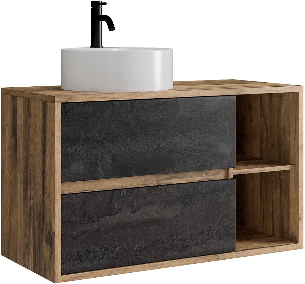 Vente-unique Zwevend badkamermeubel met ronde waskom en kraan - Natuurlijke en antraciet kleur - 100 cm - TIKITIKI