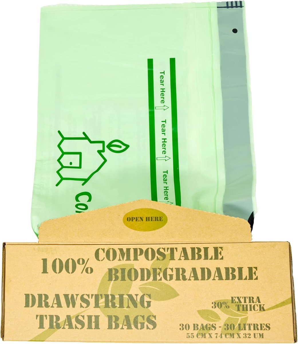 Premium Composteerbare DROWNSTRING Vuilniszakken - 6L/10L/30L - Voedselafvalzakken - Biologisch afbreekbaar - Planten - Certificaat EN13432 - Home & Kitchen Bin