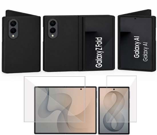 Coque noire et protecteurs d'écran pour Samsung Galaxy Z Fold, présentés sous différents angles.