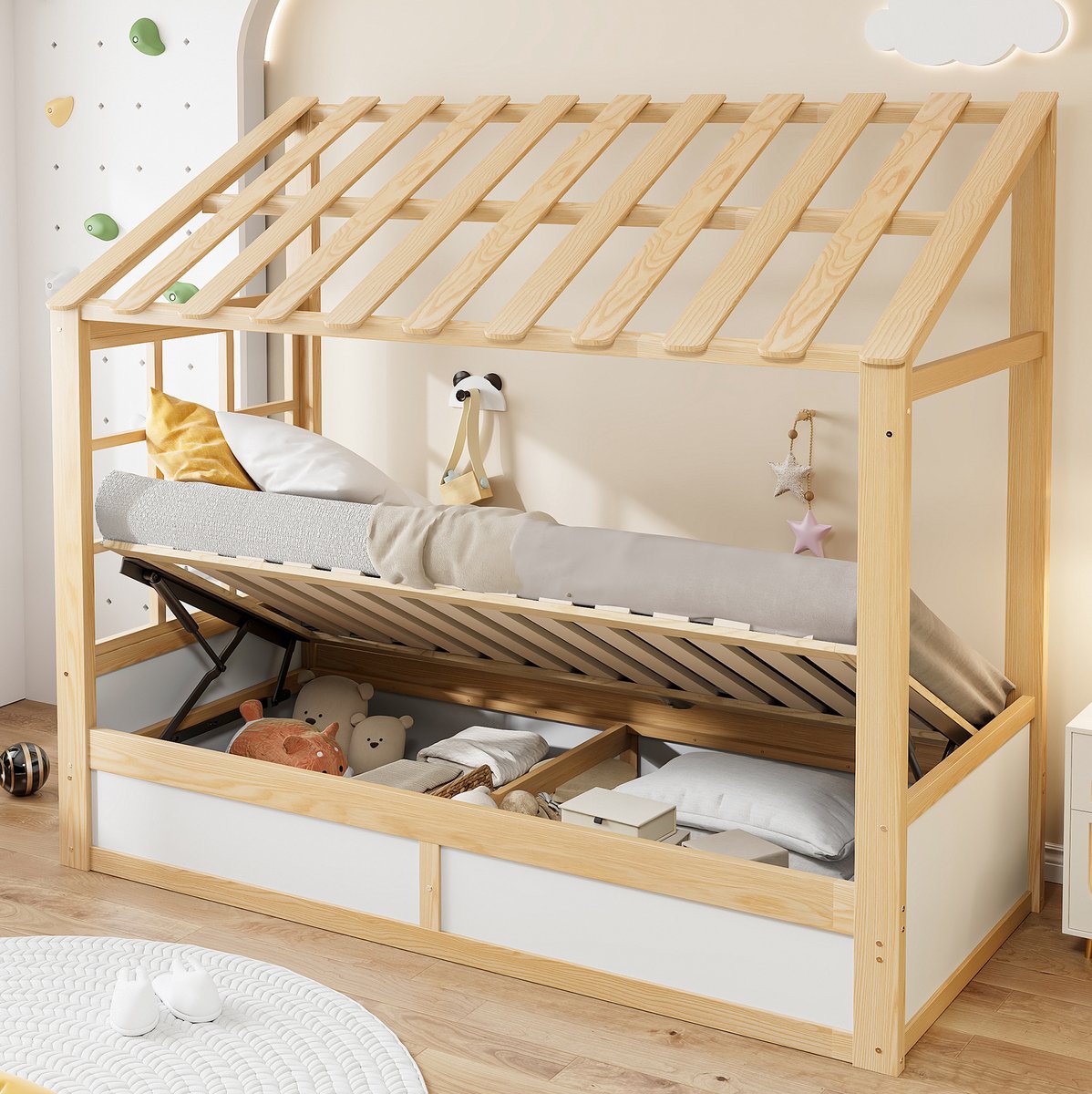 FloraGrace Kinderhoogslaper 90 x 200 cm - Huisbed Met Dak En Raam - Met Opbergruimte - Hout - Wit Naturel - Zonder Matras