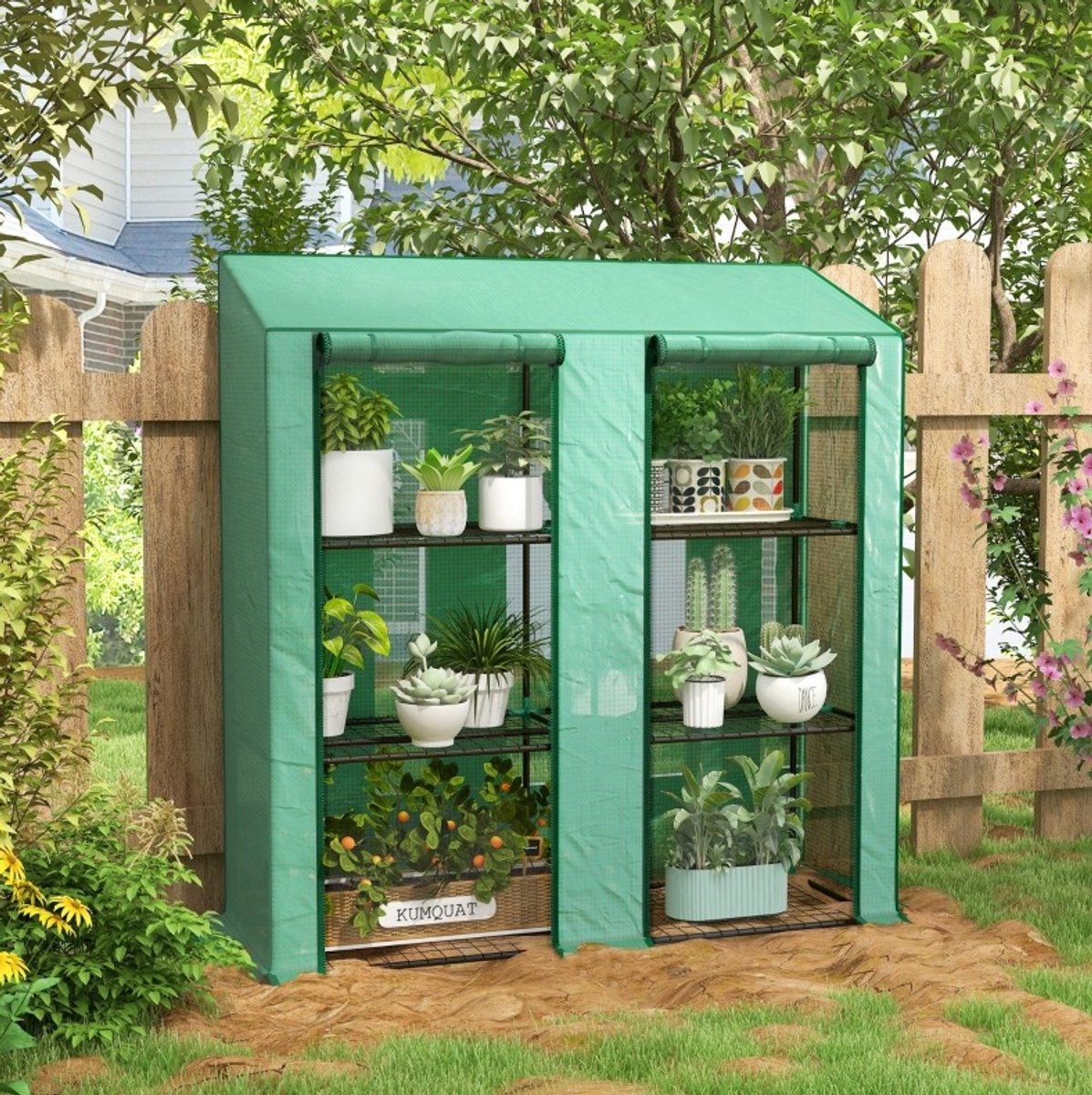 COVREO Mini kas 143 x 46 x 151 cm groen, staal met 6 draadregale