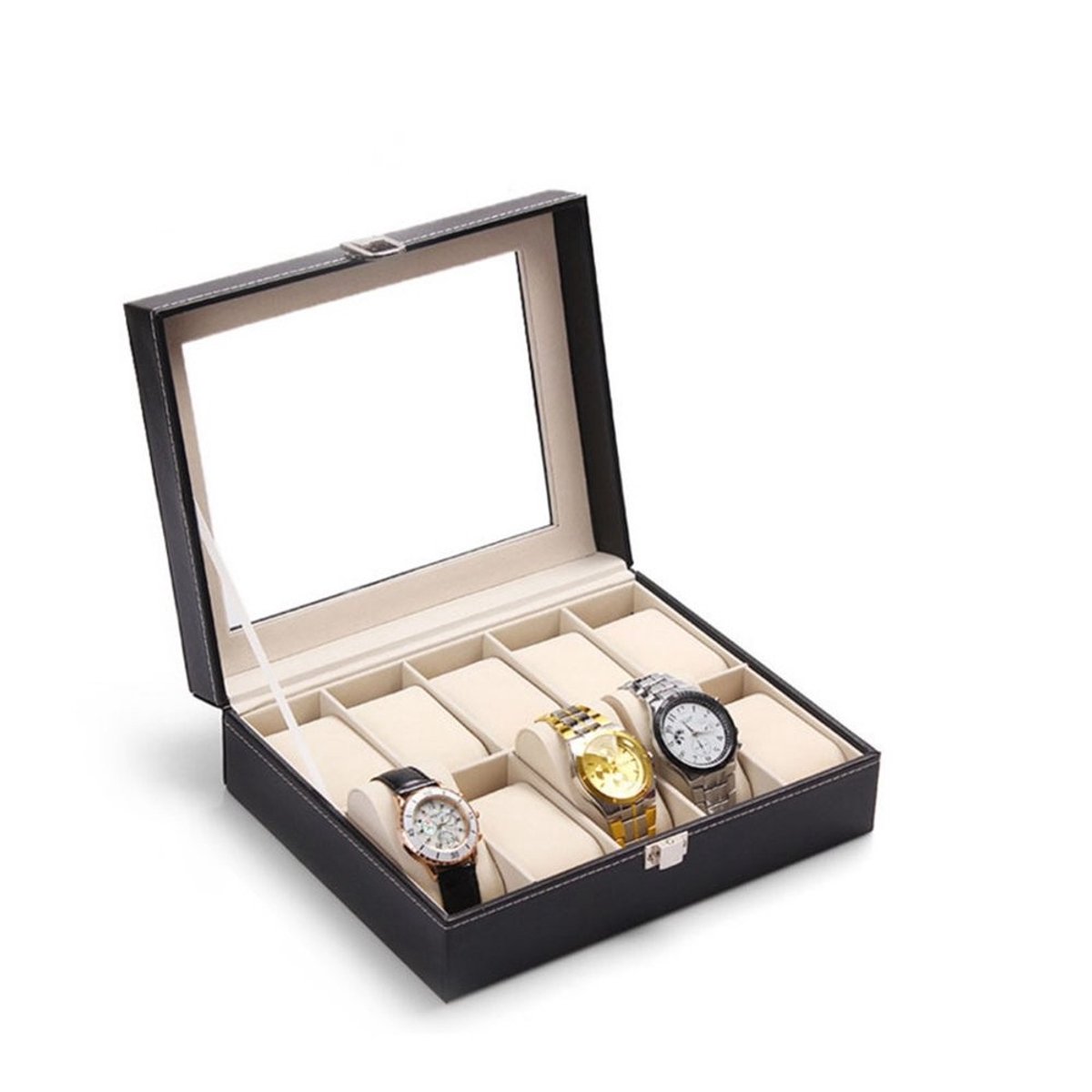 Omgoods- Horloge Doos 10 Sleuven - Doorkijk Acryl Top - Zachte Kussens - Stijlvolle Organizer - Bescherming tegen Stof en Krassen - Horlogekast