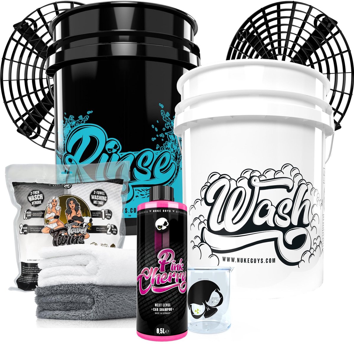Omgoods - 2 Buckets Wasmethoden Auto Verzorgingsset - Roze Kersen Auto Shampoo 500 ml + 2 GritGuard Emmers