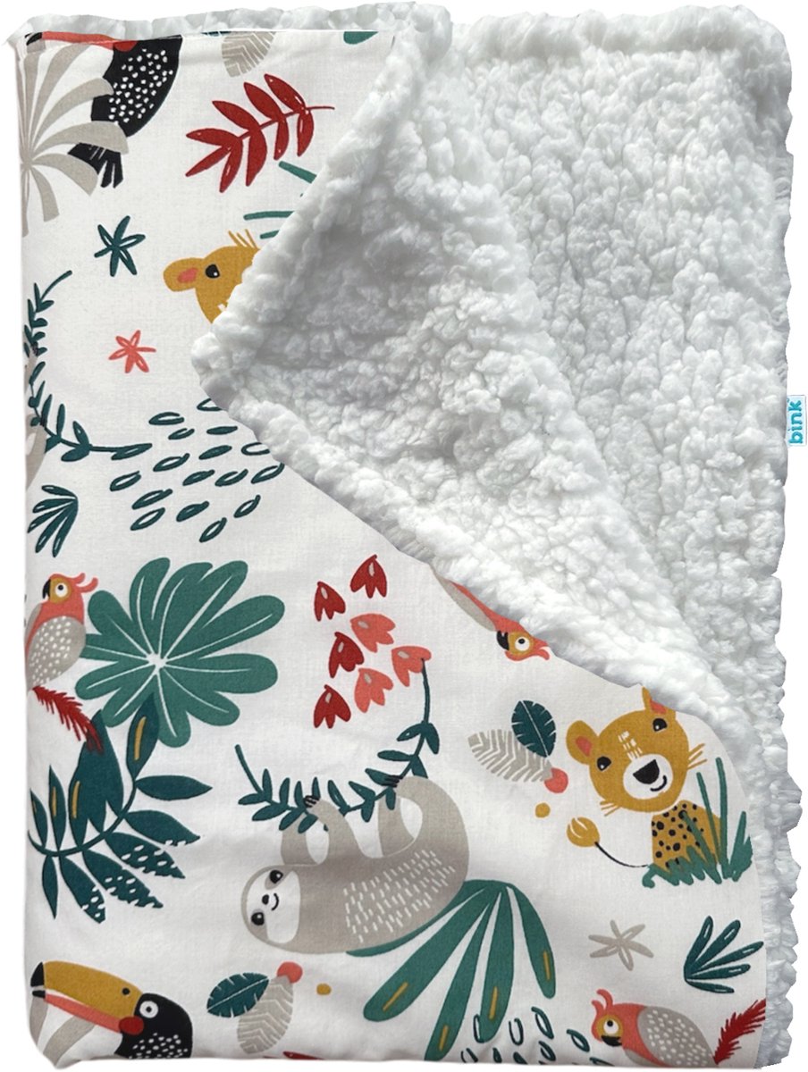 BINK Bedding Wiegdeken Zoë - Kinderdeken - Katoen - Sherpa - Jungle Dieren - Babydeken - Multicolour - Gemaakt in Nederland - Deken - 75x100 cm