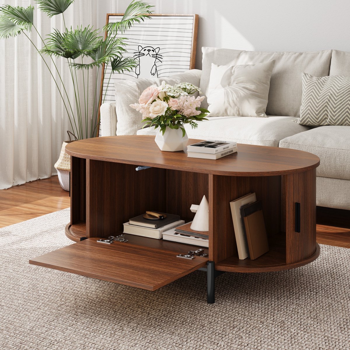 Ovale salontafel met rotan vlechtwerk - houtnerfimitatie - metalen tafelpoten - woonkamer salontafel met opbergruimte - walnotekleur
