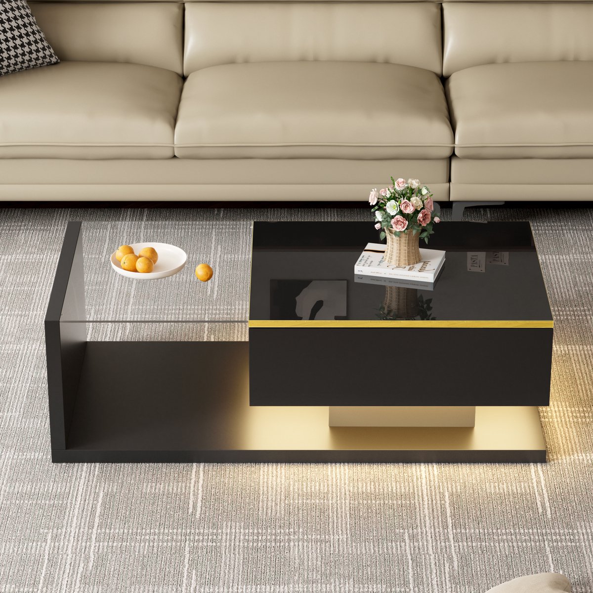Salontafel - Koffietafel 100x50x32,5 cm - glanzende bijzettafel met glas en LED-verlichting - zwart
