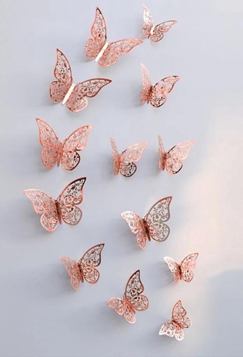 *** 3D Muurvlinders Set van 12 stuks - Perfect voor woondecoratie, kinderkamers en bruiloften - 3D Muursticker Vlinder in roze goud - van Heble® ***