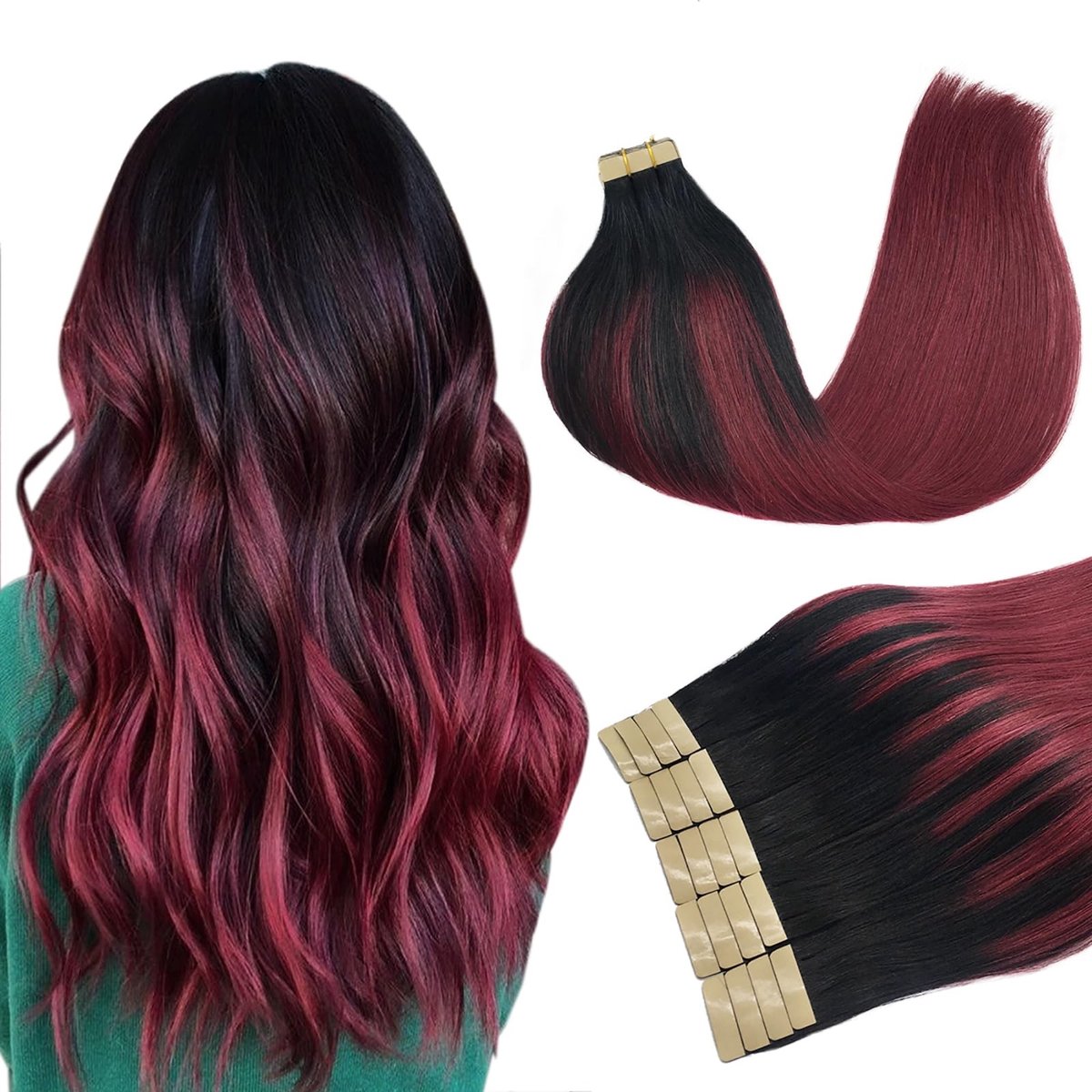 Omgoods - Remy Tape-in Extensions - Echte Haar, Diep Zwart naar Rood, 35 cm