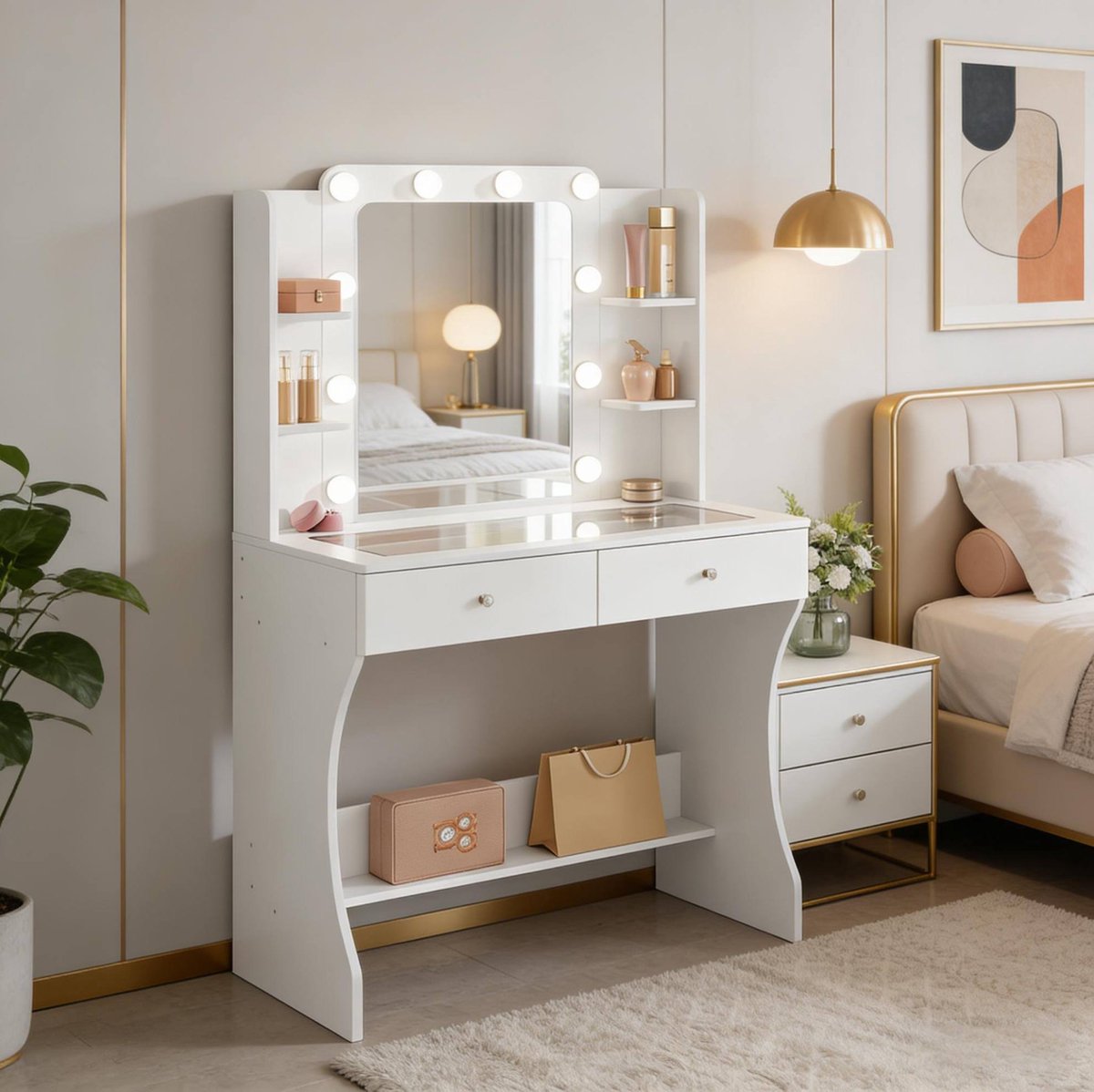 COVREO Kaptafel 80x38x135 cm wit, MDF met LED-spiegel en 2 lades