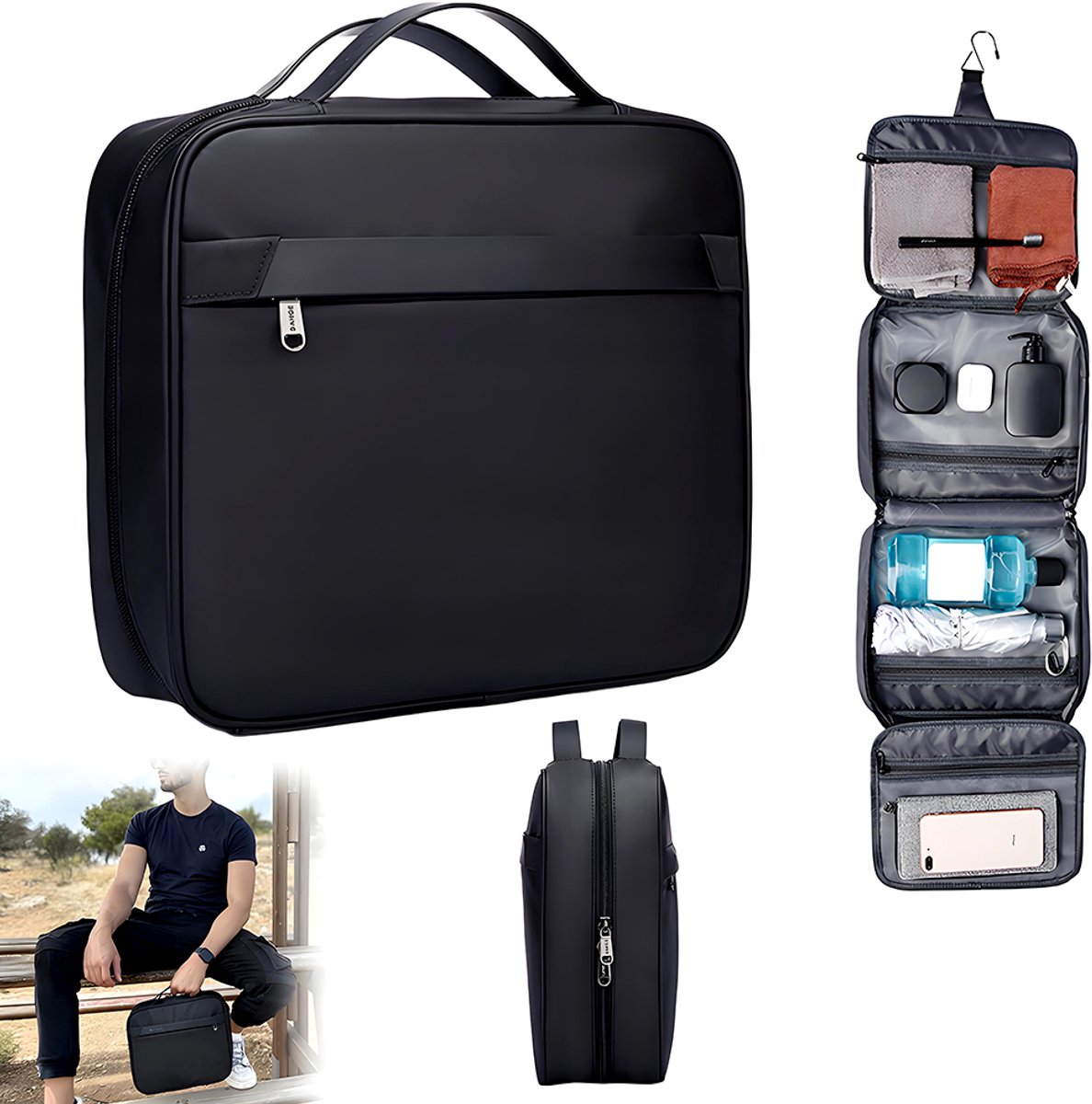 Reistoilettas - Hangende toilettas - Reisorganizer - Handige reistas - Scheiding voor natte en droge spullen - Cosmetica - Handtas - Opbergtas - Organizer - Unisex - Zwart