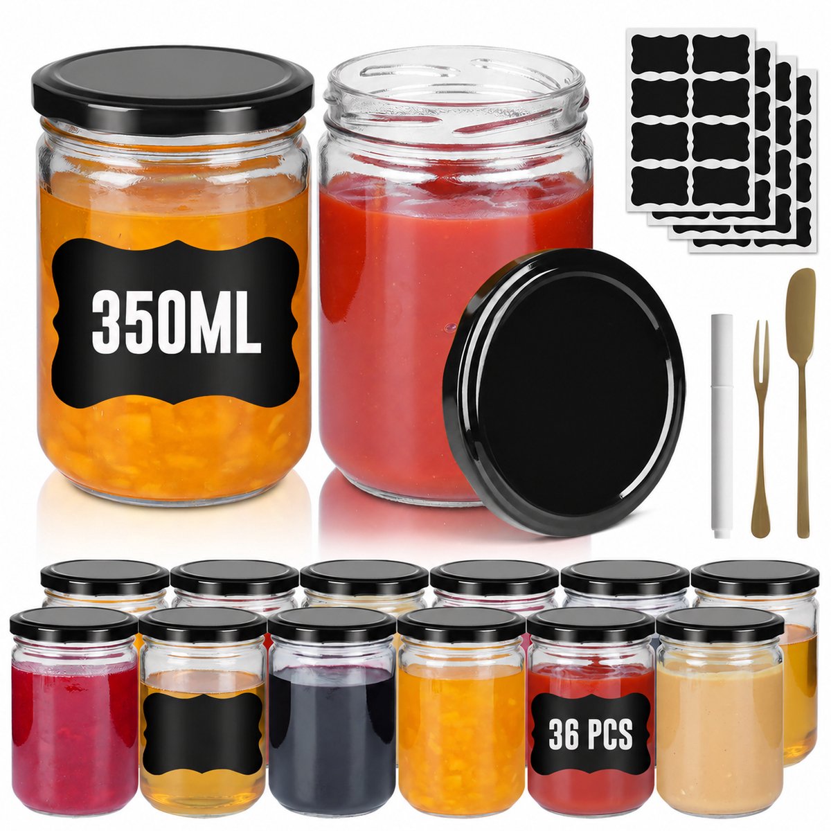 Mini Weckpotten Set 36 stuks 350 ml - Rond Transparant Glas met Metalen Deksel - Luchtdichte Mason Jar voor Honing, Kruiden en Marmelade - Zwart - NAIZY