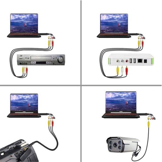 Vier connectieschema's van een USB-videoconverter met laptop, VCR, videorecorder en beveiligingscamera.