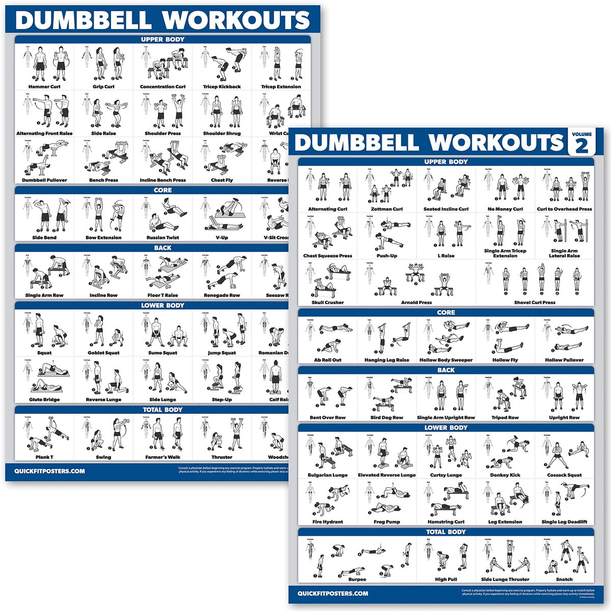 Omgoods - QuickFit 2 Pack Dumbbell Workout Posters - Volume 1 & 2 (Gelamineerd, 18" x 27")