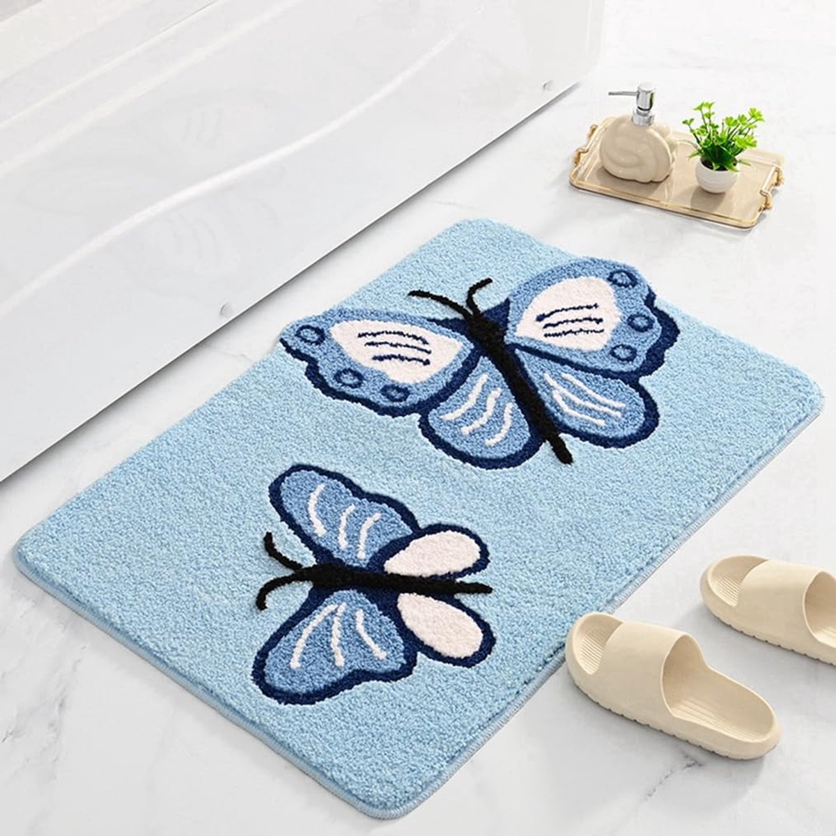 Badmat met Vlinderpatroon - Antislip en Absorberend - Zachte Microvezel - Wasbaar - 40x60 cm - Blauw