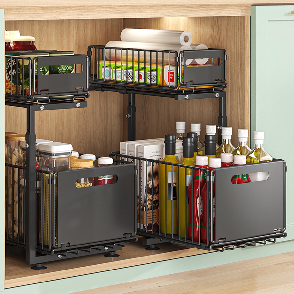 Onder Spoelbak Organizer - 2-Laags Metalen Opbergrek met Lade - Hoogte Verstelbare Keuken en Badkamer Kast Organizer - Uitschuifbaar Rek voor Schoonmaakmiddelen, Toiletartikelen en Keukenaccessoires - Ruimtebesparend Design - Zwart