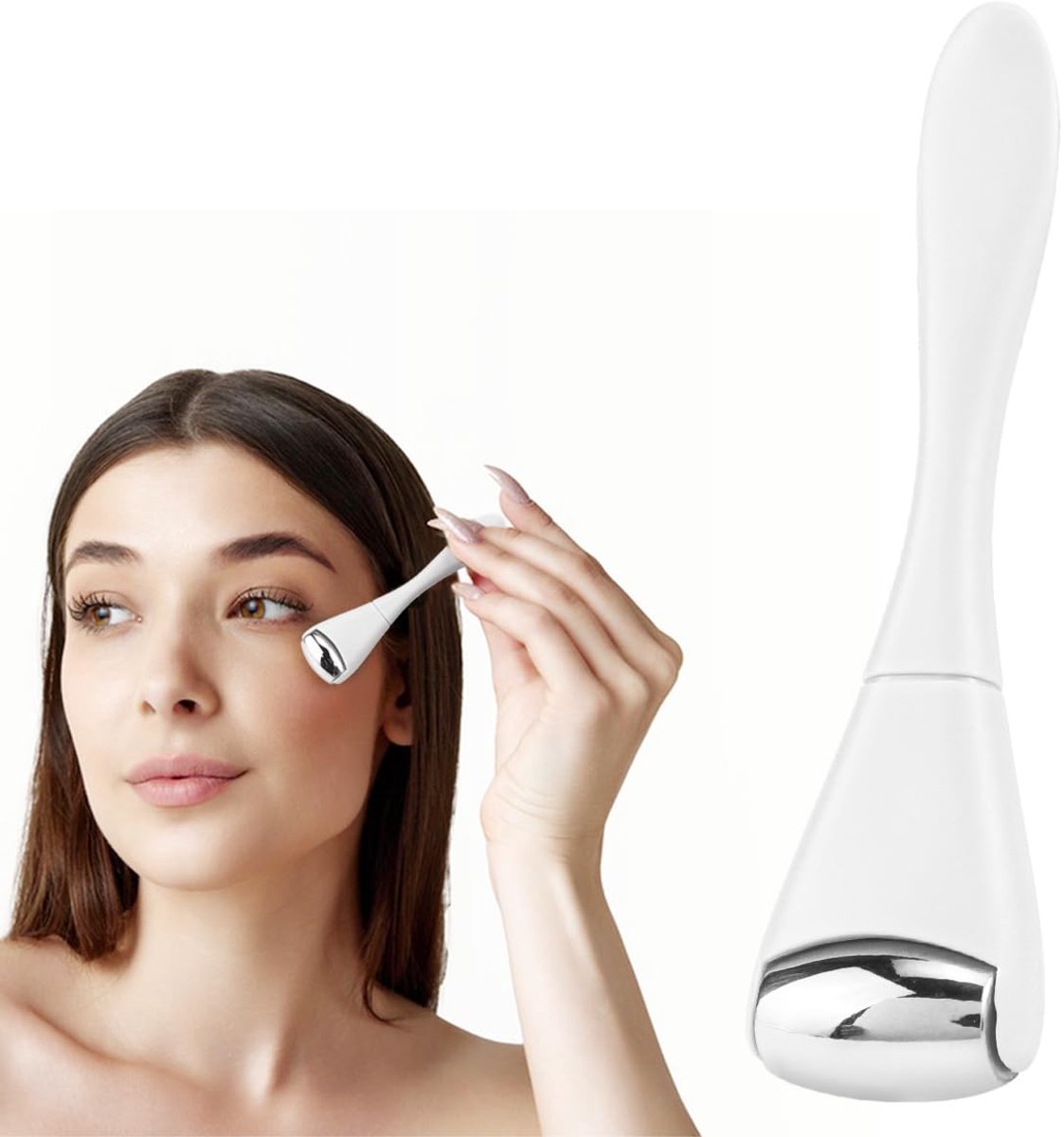 Mini Oogmassageroller - 10,3 × 2,7 cm - Visstaartvorm - Roestvrijstalen Roller Beauty Bar - Verlicht wallen en zwellingen rond de ogen - Lichtgewicht en draagbaar - Wit