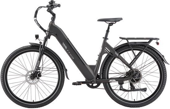 Zwarte TTGO C5 e-bike met 27.5 inch wielen en bagagedrager.
