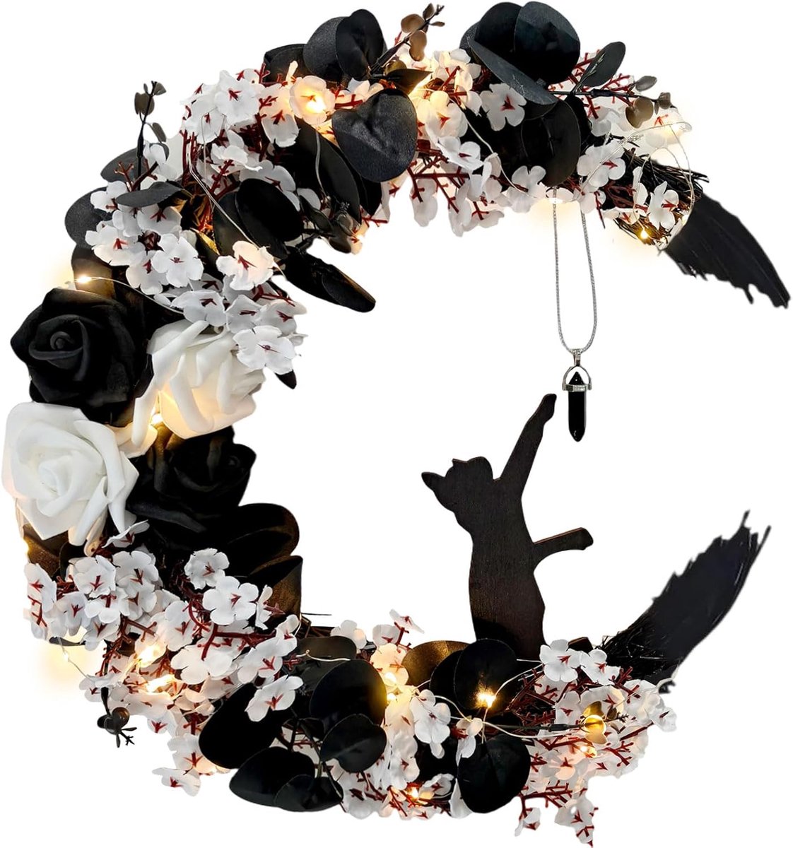 Halloween krans - Combinatie van maan en kat - Halloween decoratie voor de voordeur - bloemendesign - herfstsfeer geschikt - Voor buitenmuur kast of schutting