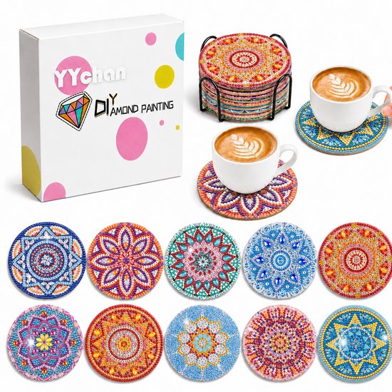 YYchan Diamond Painting Sous-verres Set de 10 - Avec Support - Style Bohème - Œuvre d'Art Faite à la Main pour Chaque Verre de Boisson - Résistant à la Chaleur & Adapté à l'Intérieur et à l'Extérieur - Idée de Cadeau Unique