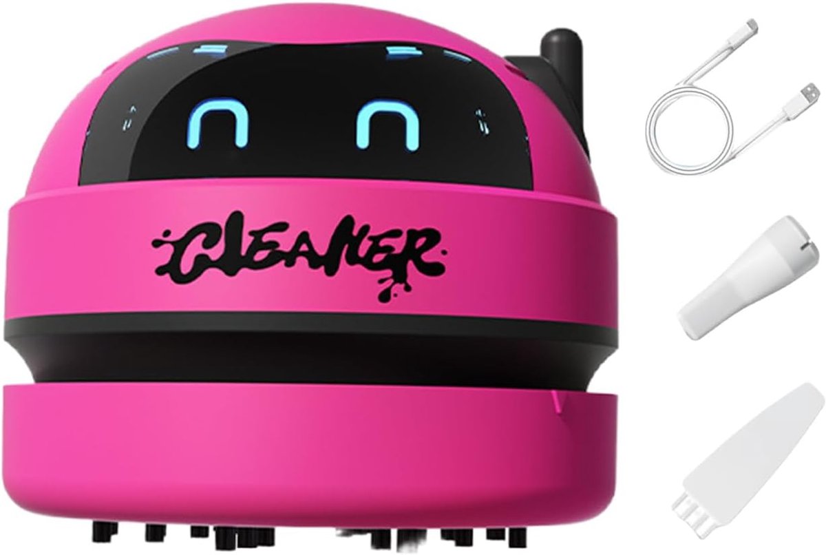 Draadloze mini-stofzuiger voor het bureau met robotdesign, oplaadbaar via USB, 3 snelheidsstanden, led-display en afneembaar mondstuk; geschikt voor thuis, kantoor, auto, toetsenbord en bureau – Rood