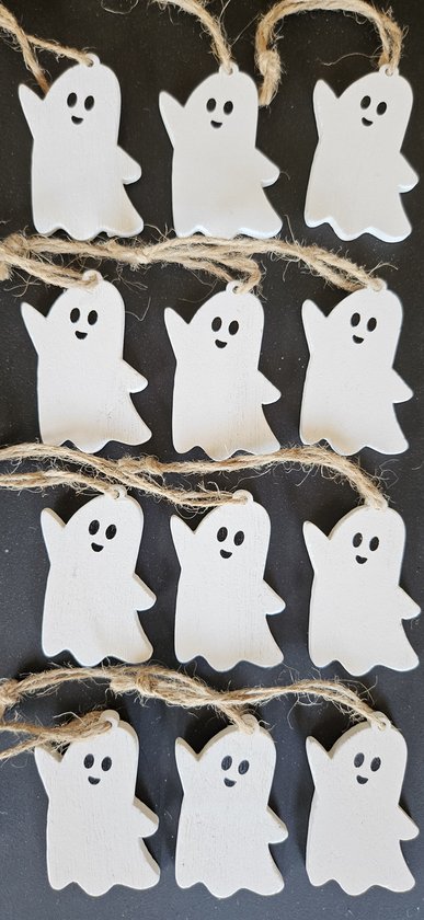 12 stuks Houten Spookjes, 6 cm, Halloween, Versiering, Decoratie, Give a Way, Houten Hanger, Jute koord, Spookvorm, Cadeauverpakking, Winkeldecoratie