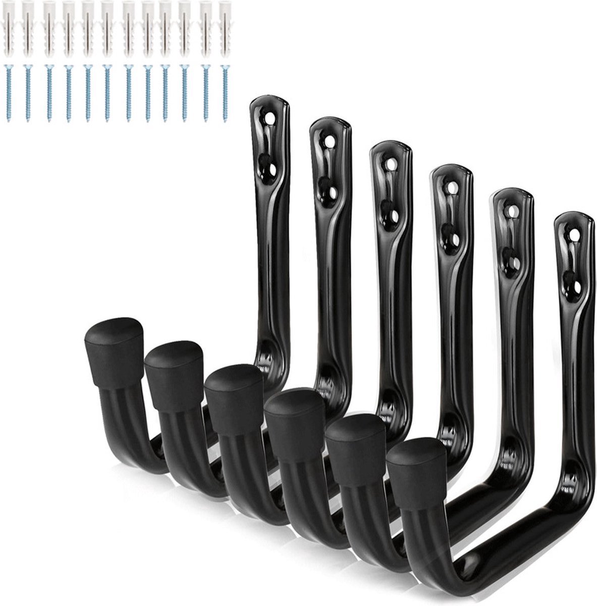 6 Stuks Wand Kledinghaken - Zware J-vormige Garage Opberg Haken - Krasbestendige Rubber Uiteinden Wandhaken voor Gereedschap Fietsen Tassen Jassen Hoeden