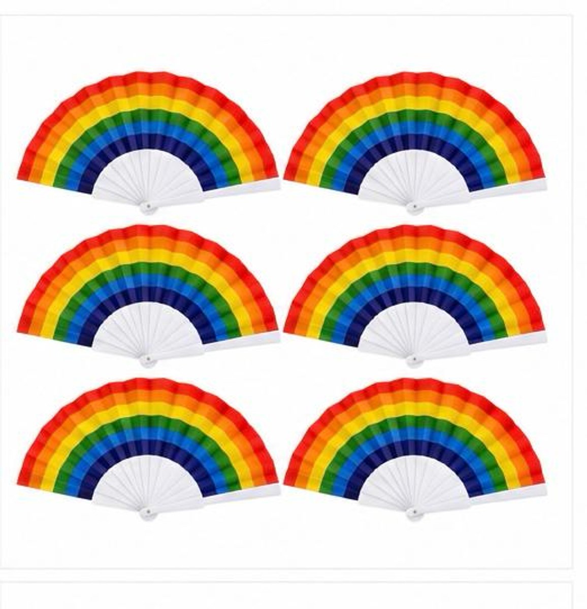 We Fiesta – Regenboog Waaiers – Set van 6 Opvouwbare Handwaaiers – Pride – Festival – Zomer – Kunststof – Wit Handvat