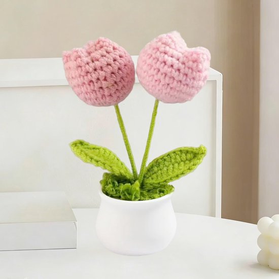 Foto: Namajunas gebreide mini tulp bloemen gehaakte bloemetje met pot roze verloop tulp knitted flowers handgehaakte plantdecoratie kunstbloemen voor moederdag verjaardag valentijnsdag bruiloft afstuderen