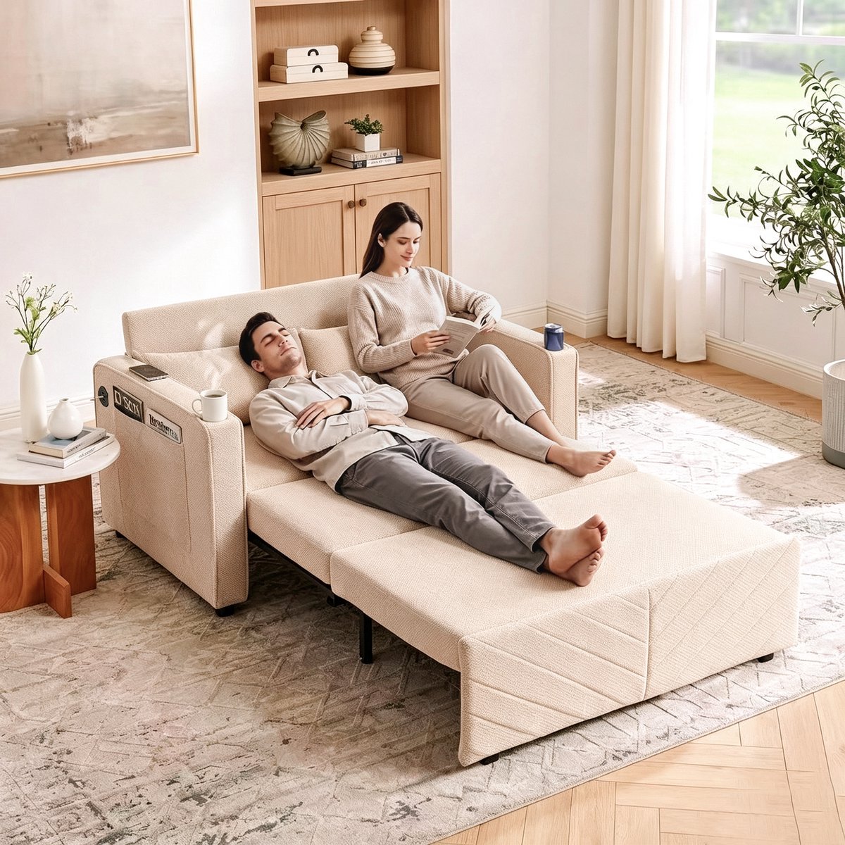 Slaapbank / Bedbank – met USB, USB-C, Stopcontact – 3-in-1 Slaapfunctie – 2-Zits – Uitschuifbaar Ontwerp – Beige – Multifunctioneel