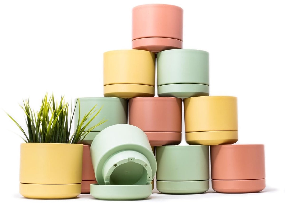 Dailygoods- Bloempot Set 12 Stuks - Plantenpot 10 cm - Bloempot met Schotel - Kunststof - Vochtretentie - Efficiënt Drainagesysteem - Matte Pasteltinten