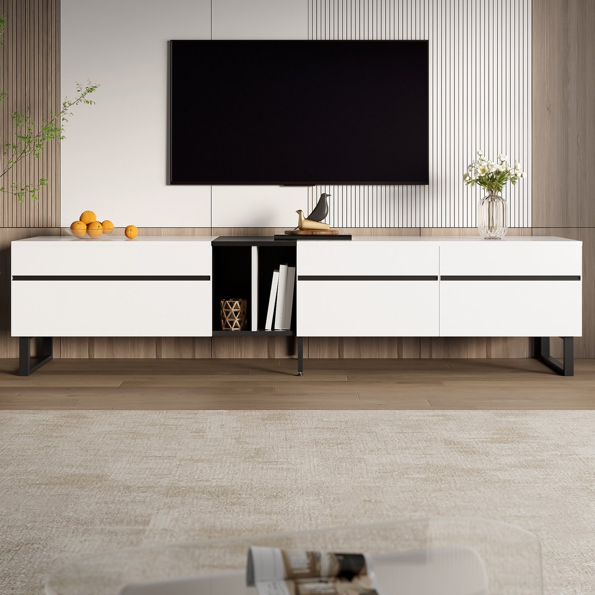 COVREO TV meubel 180 x 38 x 45 cm - met klepvak, open vakken en deuren, wit