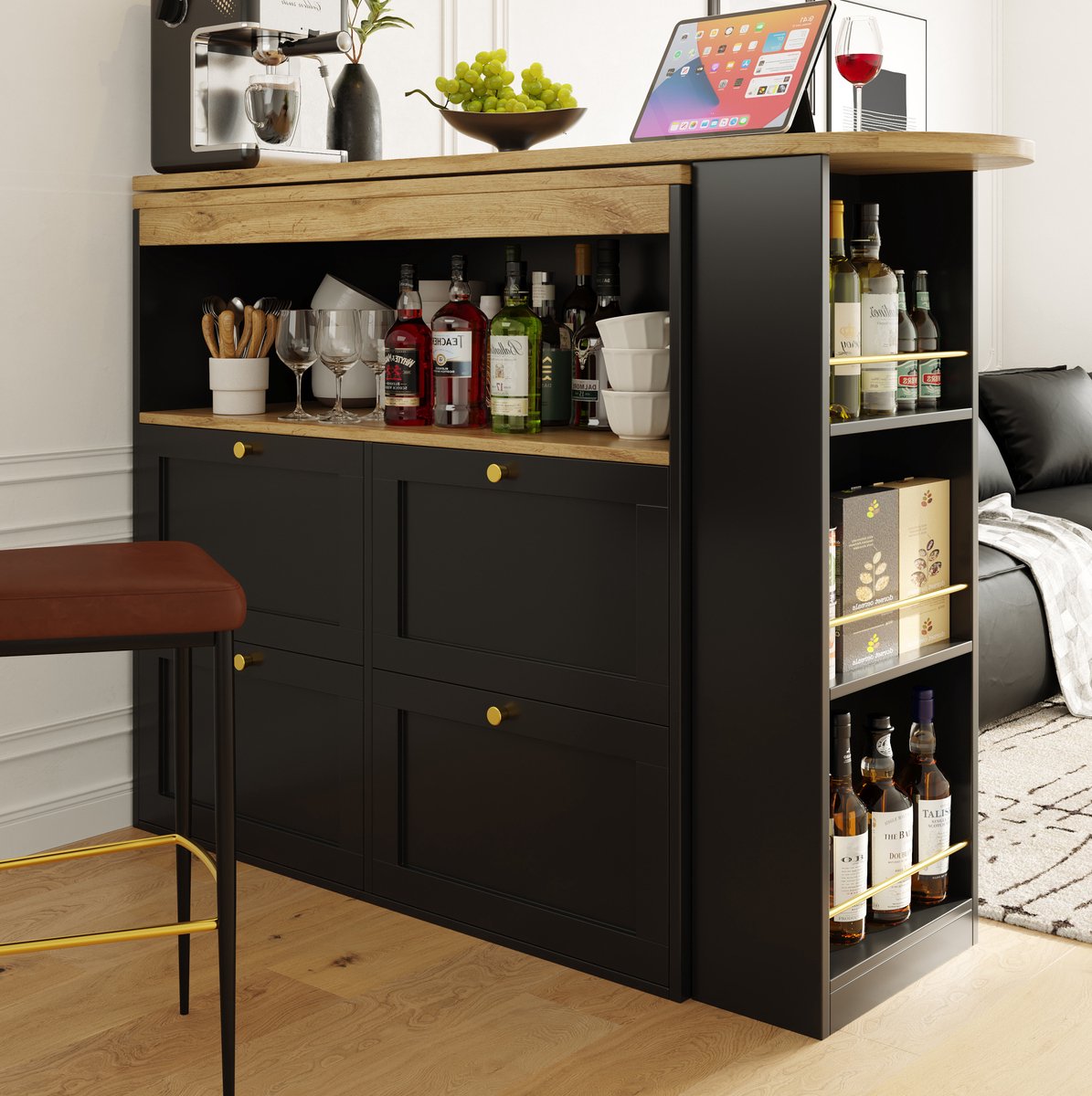 COVREO Buffetkast 138 x 39 x 102 cm - 360 graden draaibaar, 4 lades, open vakken, zwart