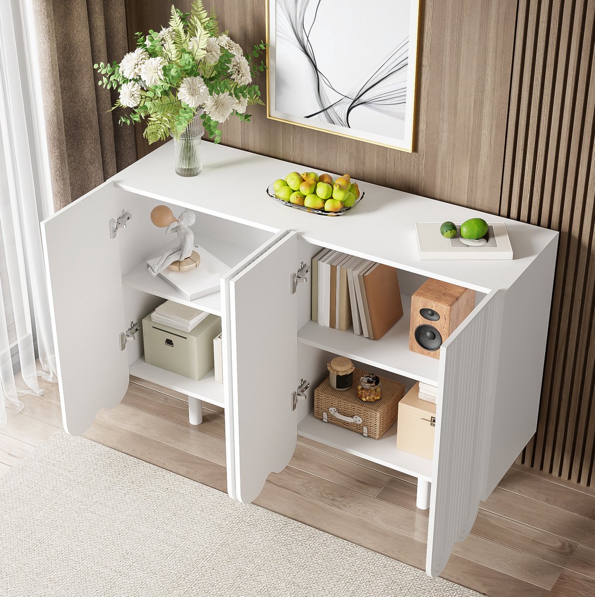 COVREO Dressoir 120 x 37,5 x 80,8 cm - 4 deuren, MDF, wit, met dempende scharnieren