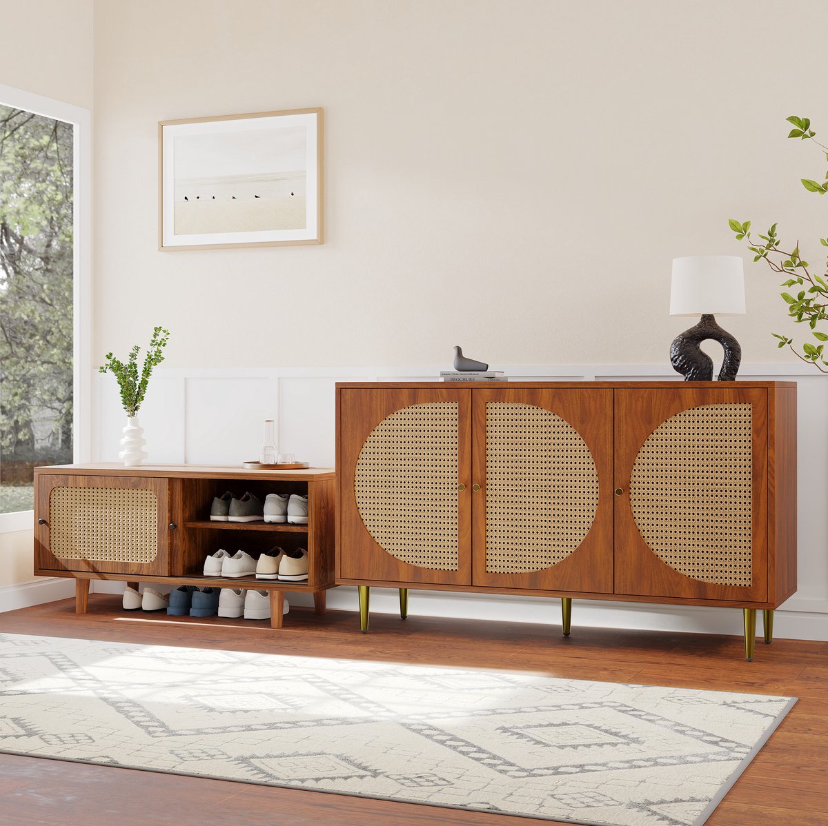 COVREO Dressoir set - rotan kast en schoenenkast, walnootkleur