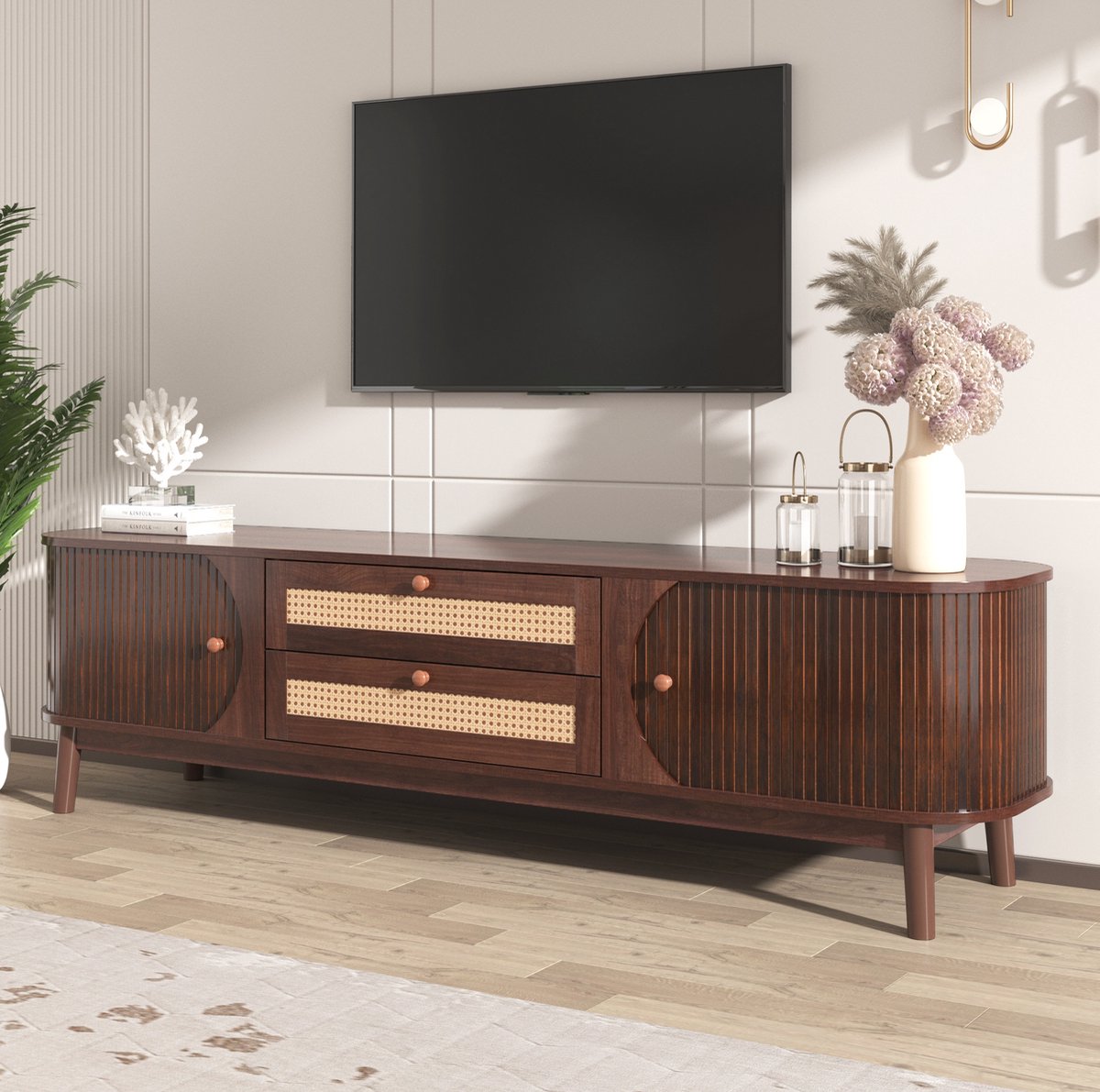 COVREO TV-meubel 170 x 39,5 x 46 cm - met deuren, lades en rattan afwerking, naturel