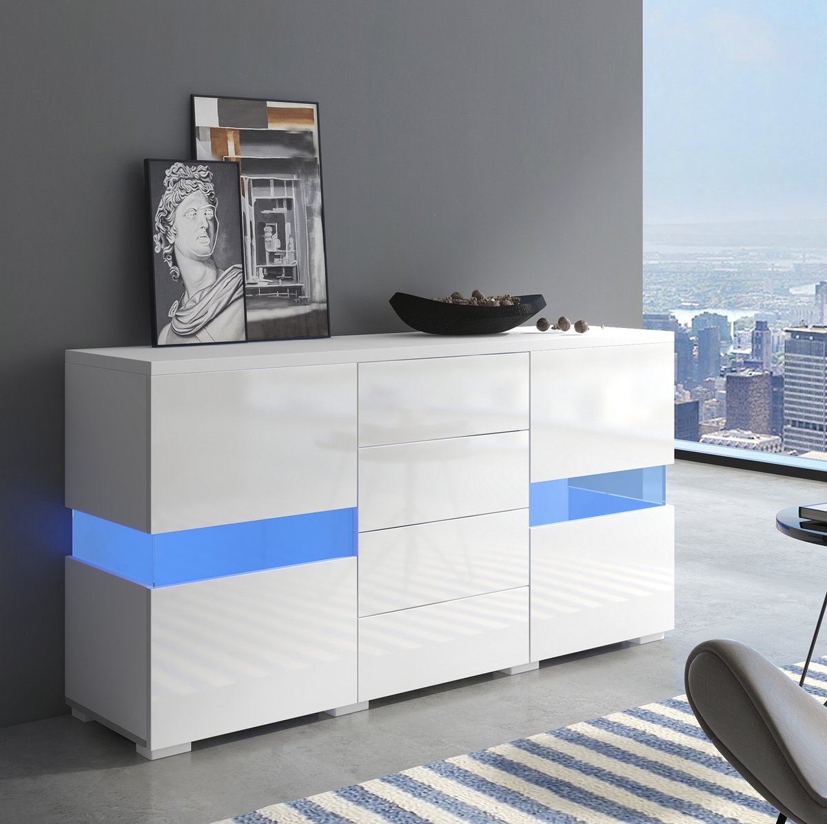 COVREO dressoir 140x35x72 cm - wit, 4 lades, 2 acryl deuren en LED-verlichting