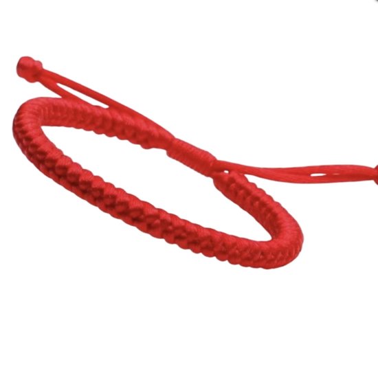 Rode, verstelbare armband van gevlochten textiel met schuifkoord.