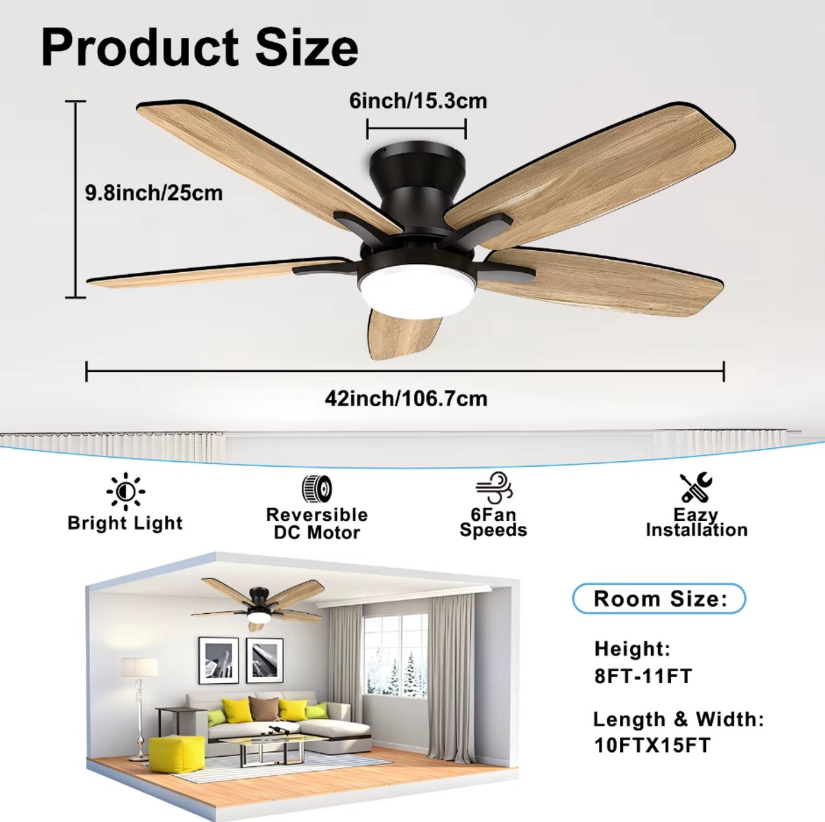 Plafondventilator met verlichting - Met Afstandsbediening - stille ventilator - 106 cm - plafondventilatoren - met 5 houten ventilatorbladen - houtnerf/zwart - voor slaapkamer en woonkamer – foto 5
