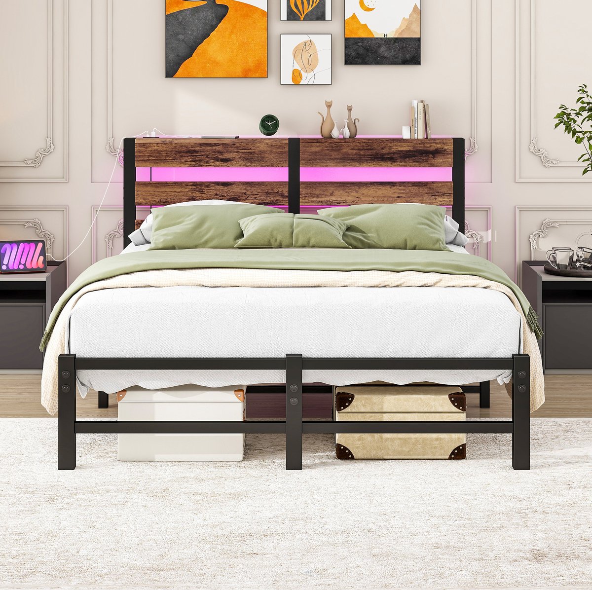 OKWISH Metalen Bed 120x200 cm - Met Ledverlichting En 2 USB-Oplaadpunten - Met Opbergruimte Onder Het Bed - Voor Volwassenen - Zwart Bruin - Zonder Matras