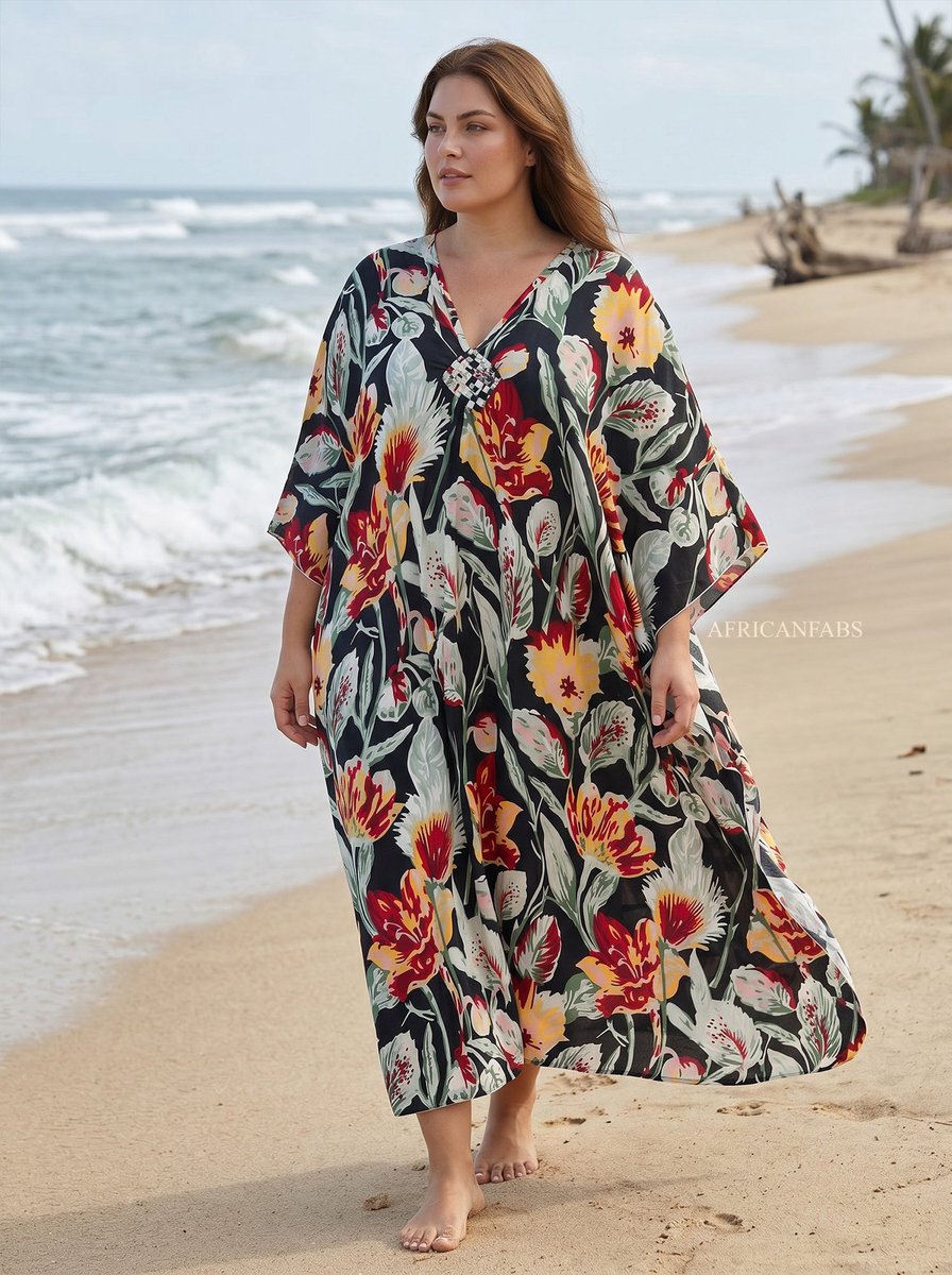 Boho rayon kaftan jurk - Zwart Rood Midnight Flora - Strand Cover Up Caftan Maxi Jurk