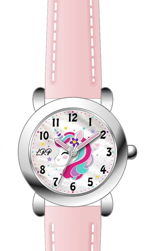 Kinderhorloge met roze leren band, zilverkleurige kast en wijzerplaat met eenhoorn, sterretjes en LRP-logo.