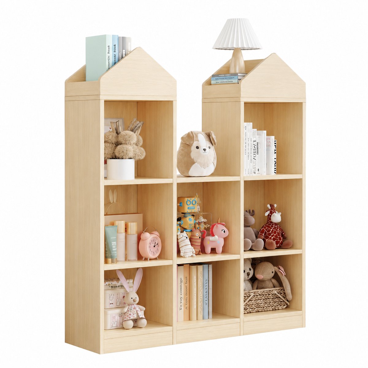 CORE Kinderboekenkast - 8-Vaks Kinderopbergkast in Kasteelvorm - Houten Kinderboekenplank met Leeshoek - Ruime Speelgoed- en Boekenopberger - Kinderkamerkast - 91x107.5x30cm - Natuurlijk Houtkleur
