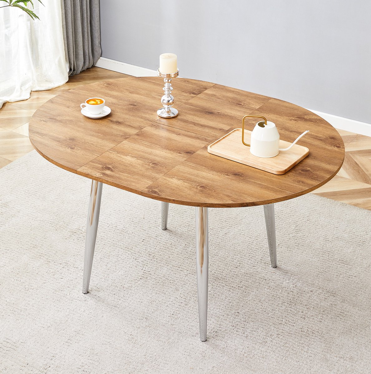 OKWISH Eettafel – Uitschuifbaar Rond Naar Ovaal – 137×107×75 cm – Voor Eethoek En Woonruimte – MDF En Metaal Houtlook houtkleur