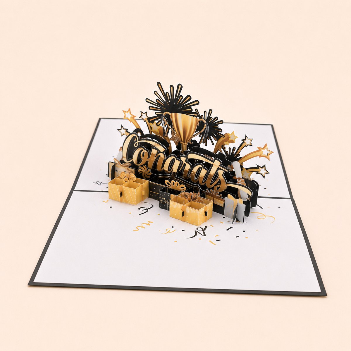 Paperbloom 3D Pop-Up Felicitatiekaart Congrats – Gouden Trofee en Cadeaus – Kaart voor Geslaagd, Diploma, Promotie en Jubileum