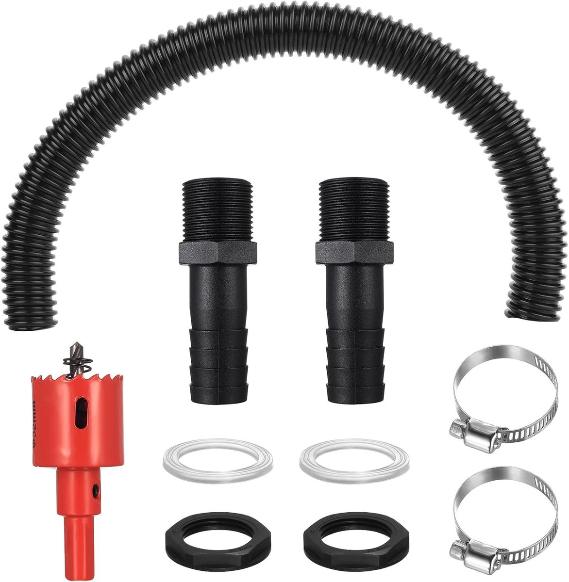 Regenton aansluiting set met 1,57 inch (40 mm) doorvoer, 50 cm slang, 2 dichting en 2 klemmen voor eenvoudige installatie