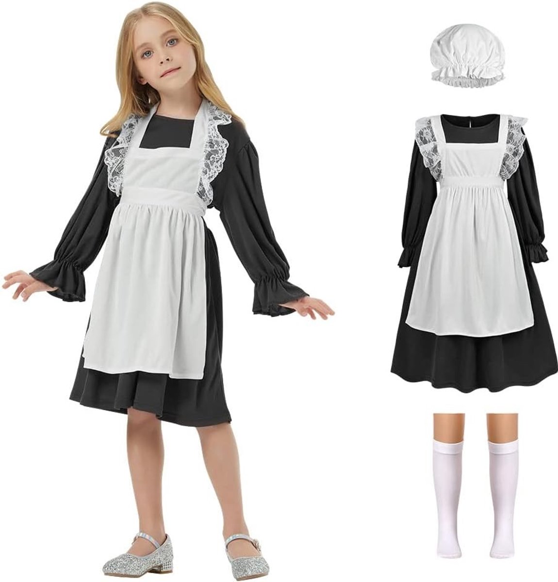Victoriaanse Meisjes Kostuum met Mop Cap en Witte Sokken, Middeleeuwse Jurk voor Halloween en Cosplay, Perfect voor Feestjes en Theatrale Optredens