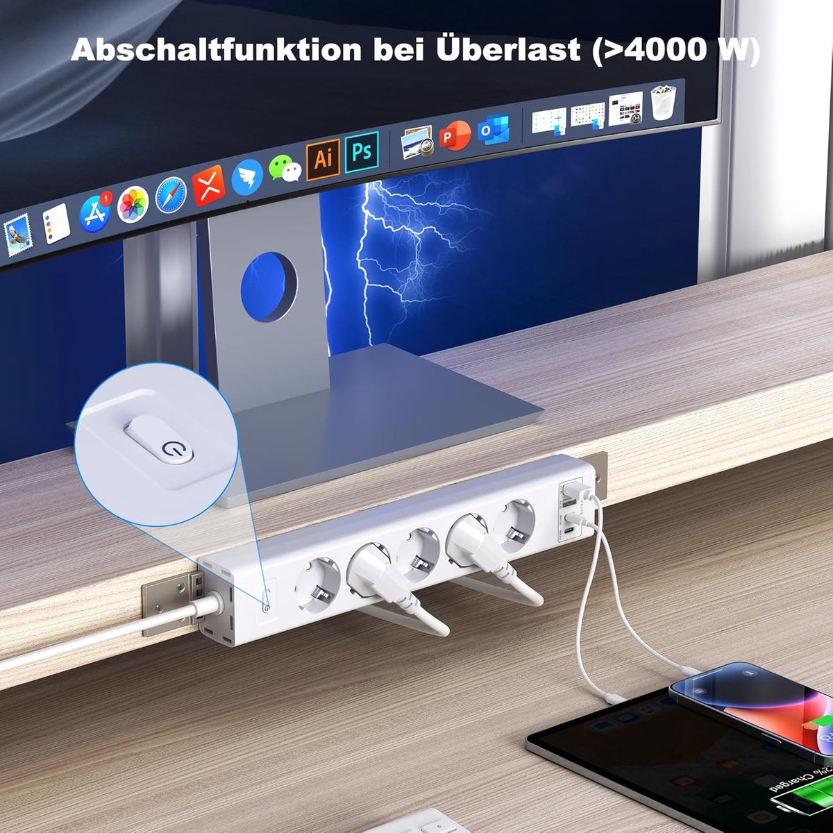 SnelShoppen - 5-Weg Stekkerdoos Onder Bureau Met 2 USB-C (PD20W) + 2 USB-A (QC3.0 18W), 4000W Verborgen Kabelbeheer, Compact 35x7cm, 2m Kabel