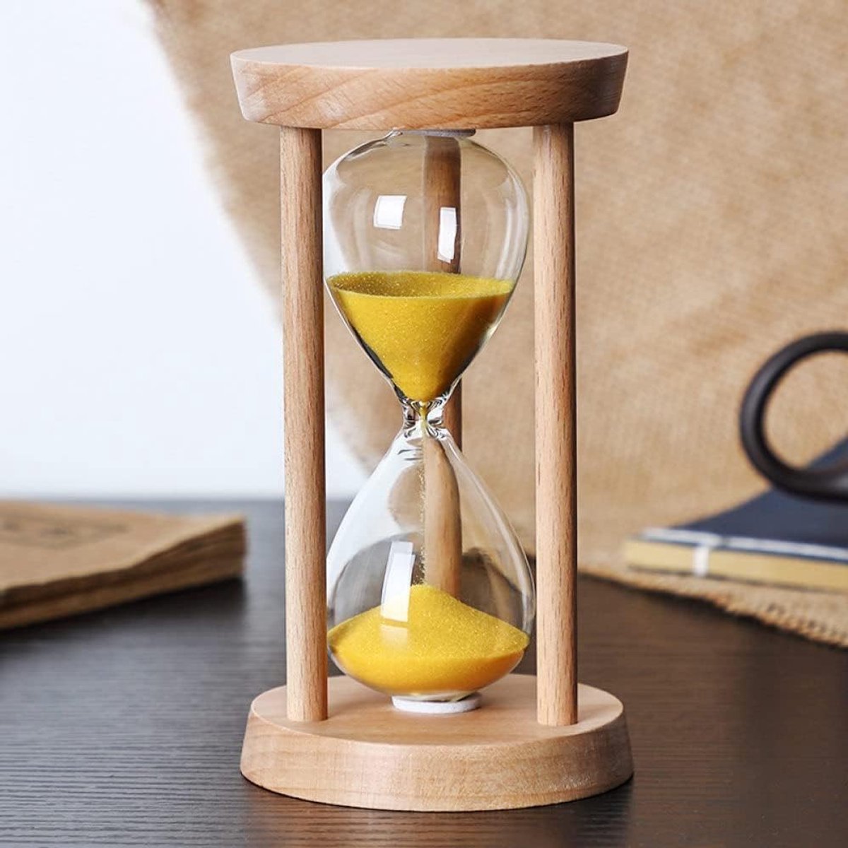 Thijox - Zandloper Houten Decoratie, 15 Minuten Timer, Creatieve Zandloper voor Woonkamer, Keuken en Restaurant, Originele Glazen Zandloper, Stijlvol