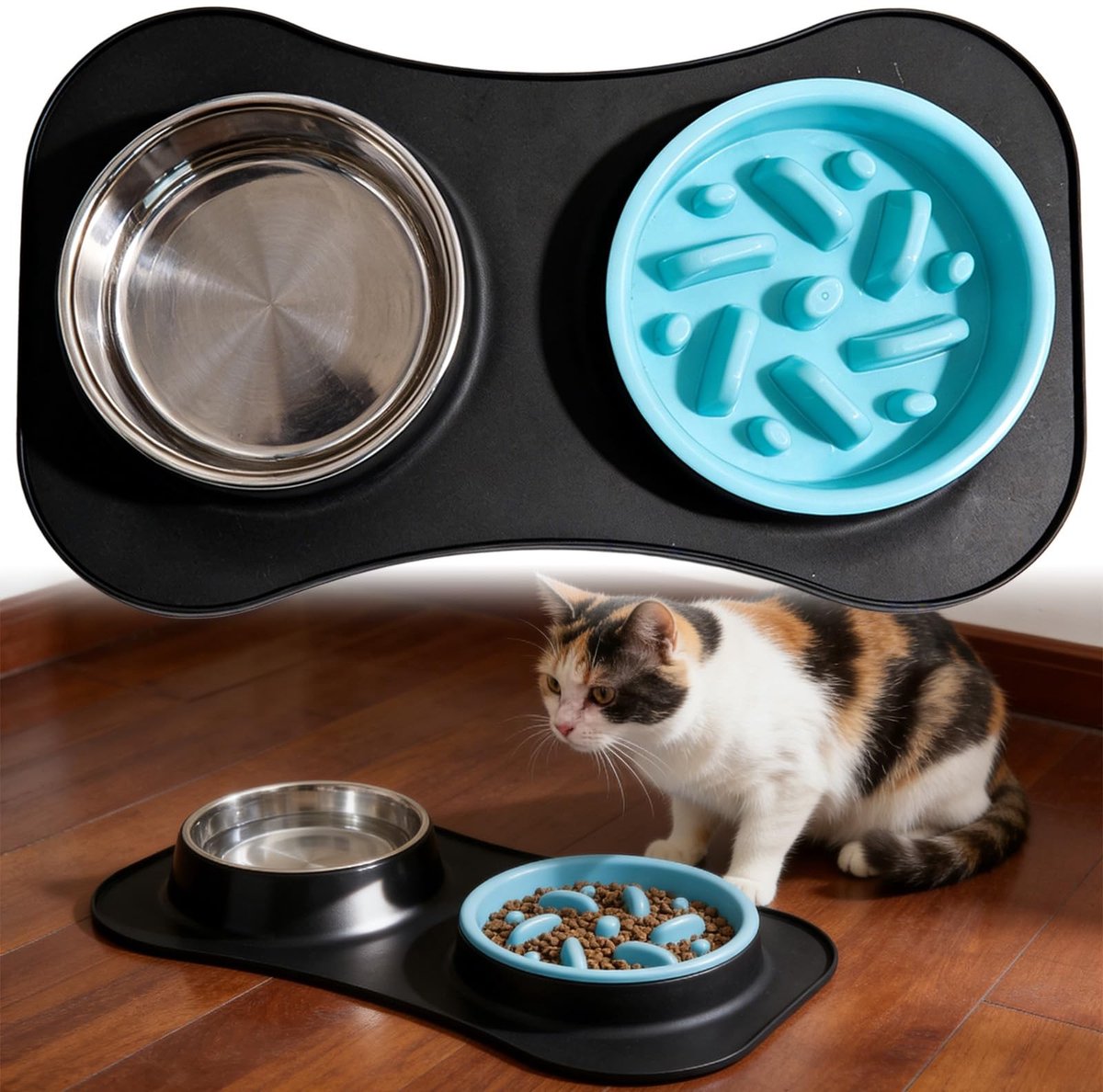 Dailygoods - 3-in-1 hondenvoerbakset: 42 x 28,4 x 5 cm siliconen dubbele bak roestvrij stalen voerbak, anti-schrokbak, siliconenmat antislip voor huisdiervoeding en water, katten- en puppybakken